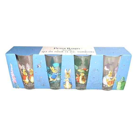 Beatrix Potter Peter Rabbit Glass Tumblers 16oz Set of 4 Spring Floral NEW - Picture 12 of 15